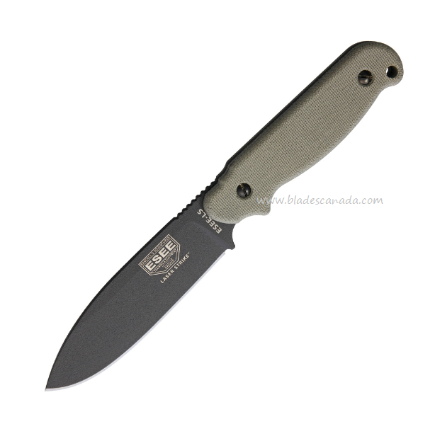 ESEE Laser Strike Fixed Blade Knife, 1095HC Gunsmoke, Micarta Green, ESLSPTG