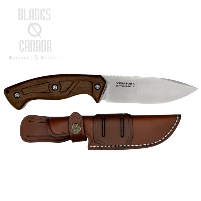 Extrema Ratio Venatus F Fixed Blade Knife, Nitrogen Satin, Wood Walnut, Leather Sheath