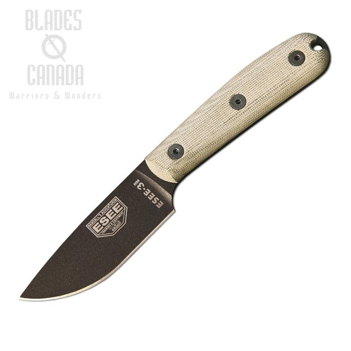 (image for) ESEE 3HM-B Fixed Blade Knife, 1095 Carbon, Modified Micarta Handle, Brown Leather Sheath, 3HM
