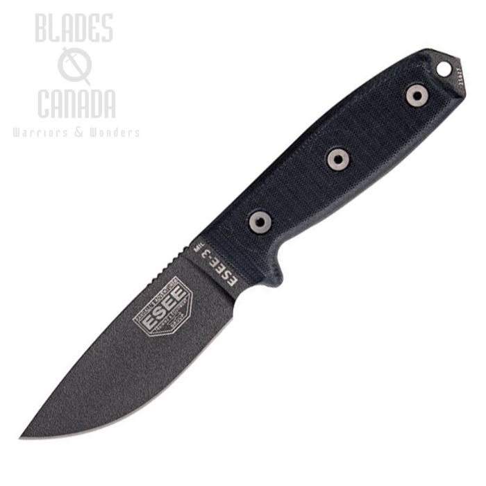 (image for) ESEE 3MIL-P-BLK Fixed Blade Knife, 1095 Carbon, G10 Black, Molded Sheath w/MOLLE, 3MILPBLK