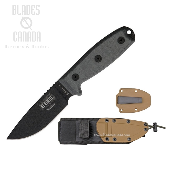 (image for) ESEE 3PM-MB Fixed Blade Knife, 1095 Carbon, Micarta Rounded Pommel, Nylon Brown Sheath w/MOLLE, 3PM-MB