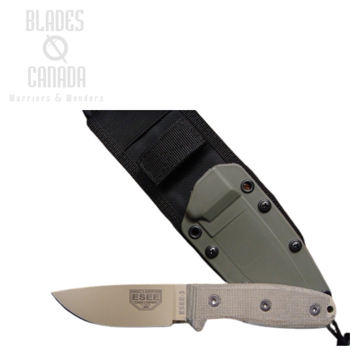 (image for) ESEE 3PM-MB-DT Fixed Blade Knife, 1095 Desert Tan, Micarta, Green Sheath w/ MOLLE, 3PM-MB-DT