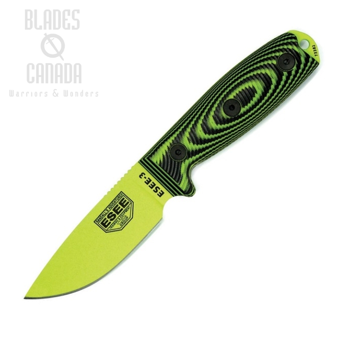 (image for) ESEE Model 3 Fixed Blade Knife, 1095 Carbon Venom Green, G10 3D Black/Venom Green, 3PMVG-007