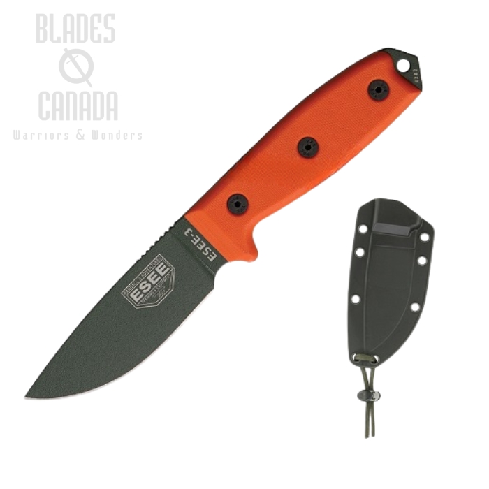 (image for) ESEE 3P-OD Fixed Blade Knife, 1095 Carbon OD Green, G10 Orange, Molded Sheath, 3P-OD