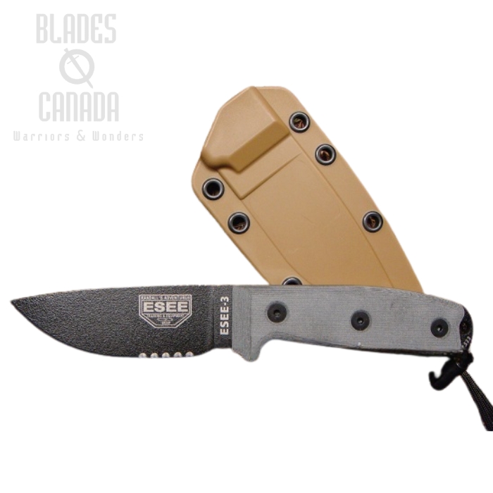 (image for) ESEE 3SM Fixed Blade Knife, 1095 Carbon, Micarta Handle, Rounded Pommel, Brown Sheath, 3SM