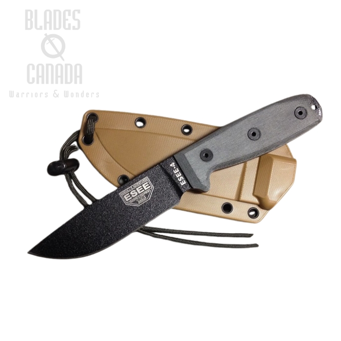 (image for) ESEE 4P Fixed Blade Knife, 1095 Carbon, Micarta, Coyote Brown Sheath, 4P