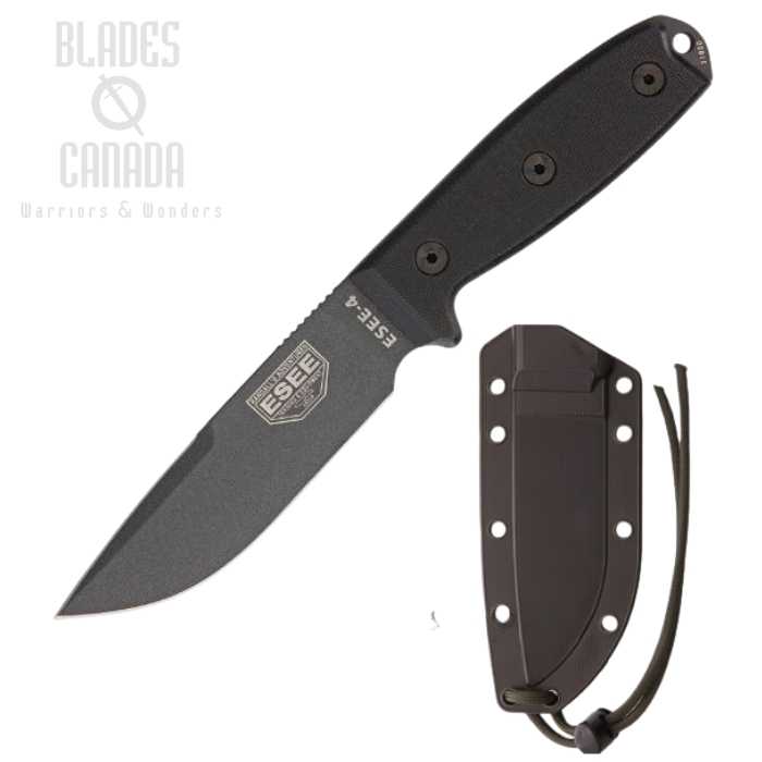 (image for) ESEE 4P-CP-TGB Fixed Blade Knife, 1095 Carbon Clip Point, Micarta, Black Molded Sheath, 4P-CP-TGB