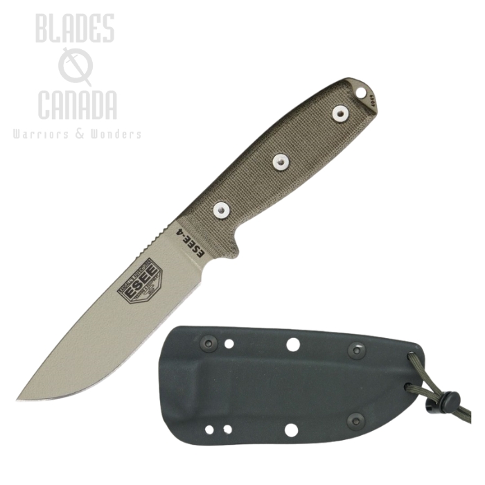(image for) ESEE 4P-DT Fixed Blade Knife, 1095 Carbon Desert Tan, Micarta, OD Green Molded Sheath, 4P-DT