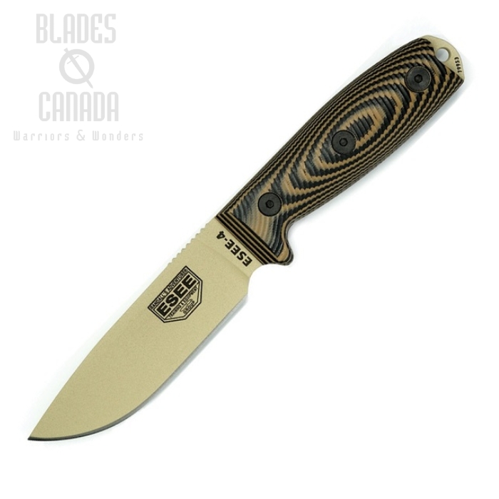 (image for) ESEE 4PDT-005 Fixed Blade Knife, 1095 Carbon Desert Tan, G10 3D Black/Coyote, 4PDT-005