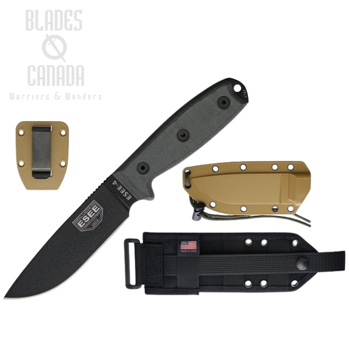 (image for) ESEE 4P-MB Fixed Blade Knife, 1095 Carbon, Micarta, Coyote Sheath w/MOLLE, 4P-MB