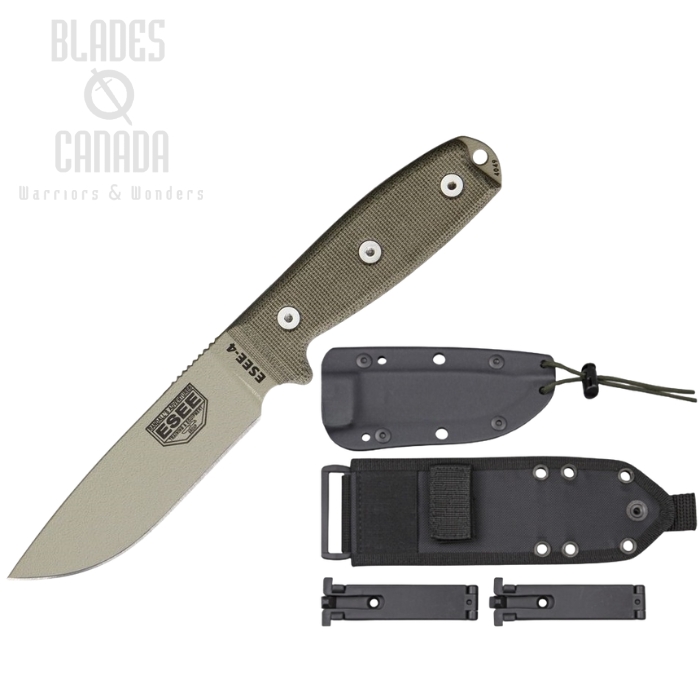 (image for) ESEE 4P-MB-DT Fixed Blade Knife, 1095 Carbon Desert Tan, Micarta, Green Sheath MOLLE, 4P-MB-DT