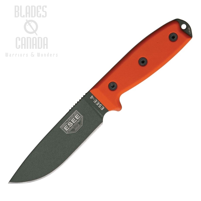 (image for) ESEE 4P-MB-OD Fixed Blade Knife, 1095 Carbon OD Green, G10 Orange, Black Sheath w/MOLLE, 4P-MB-OD