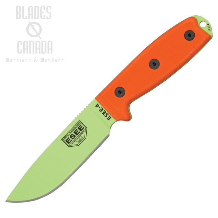 (image for) ESEE 4P-VG Fixed Blade Knife, 1095 Carbon Venom Green, G10 Orange Rounded Pommel, Molded Sheath, 4P-VG