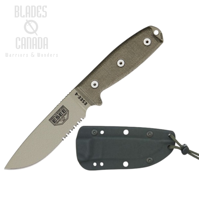 (image for) ESEE 4S-DT Fixed Blade Knife, 1095 Carbon Desert Tan, Micarta, Ambidextrous sheath, 4S-DT