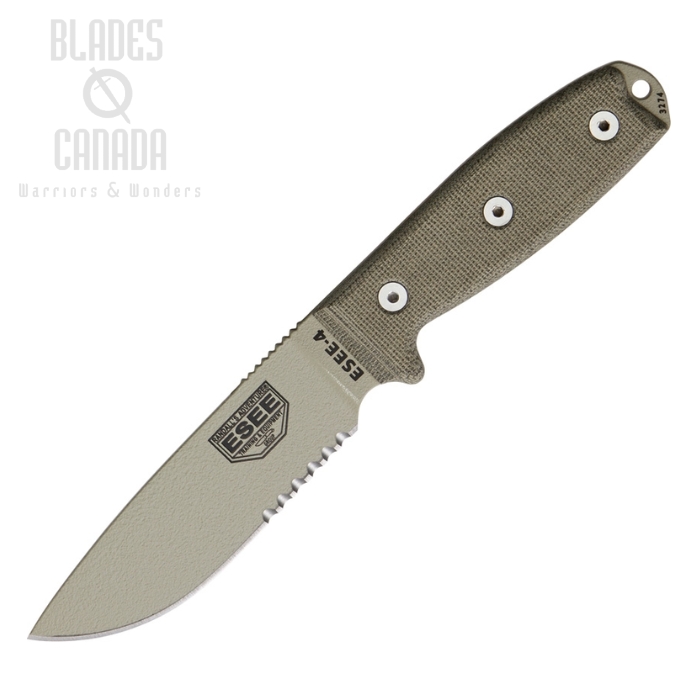 (image for) ESEE 4S-MB-DT Fixed Blade Knife, 1095 Carbon Desert Tan, Micarta, Green Sheath w/MOLLE, 4S-MB-DT