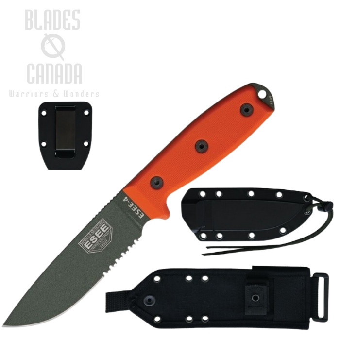 (image for) ESEE 4SMB-OD Fixed Blade Knife, 1095 Carbon OD Green, G10 Orange, Black Sheath w/MOLLE, 4SMB-OD