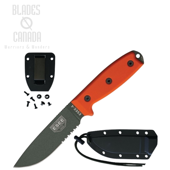 (image for) ESEE 4S-OD Fixed Blade Knife, 1095 Carbon OD Green, G10 Orange, Black Sheath, 4S-OD