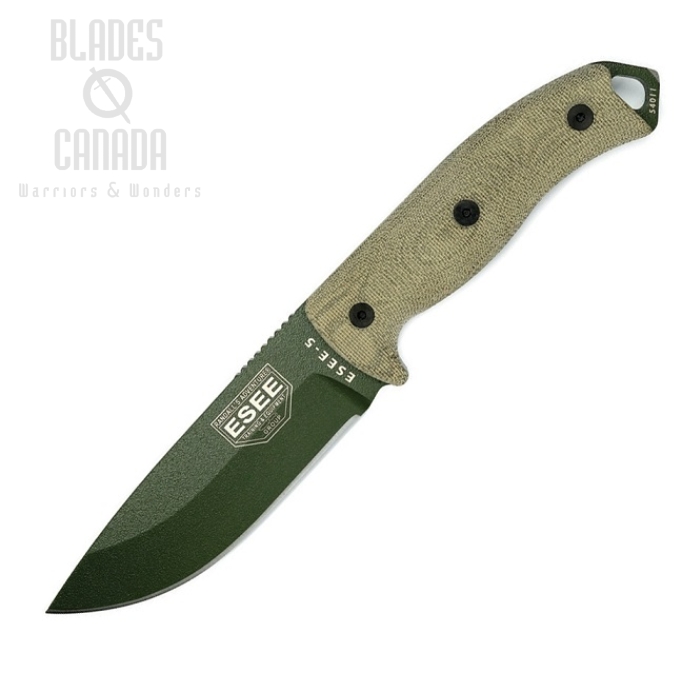 (image for) ESEE 5POD-017 Fixed Blade Knife, 1095 Carbon OD Green, 3D Canvas Micarta Green, Kydex Sheath, 5POD-017