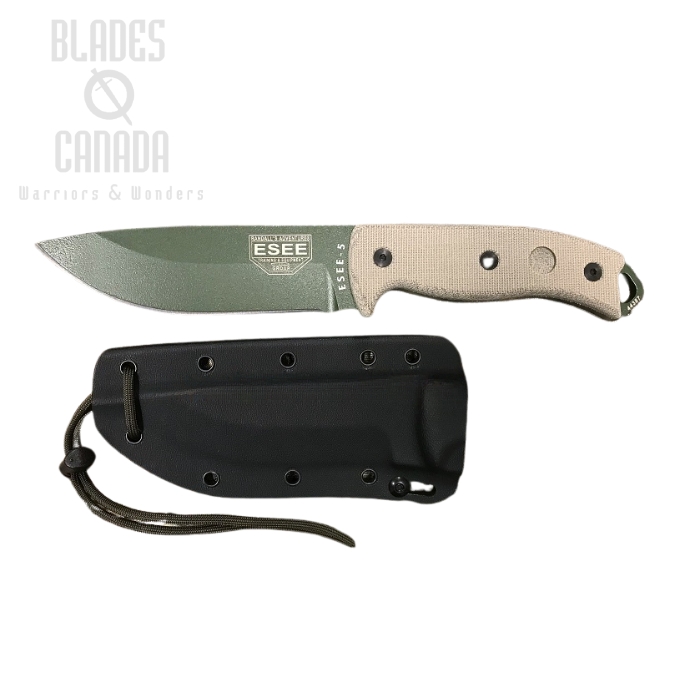 (image for) ESEE 5P-OD Fixed Blade Knife, 1095 Carbon OD Green, Canvas Micarta, Kydex Sheath, 5P-OD