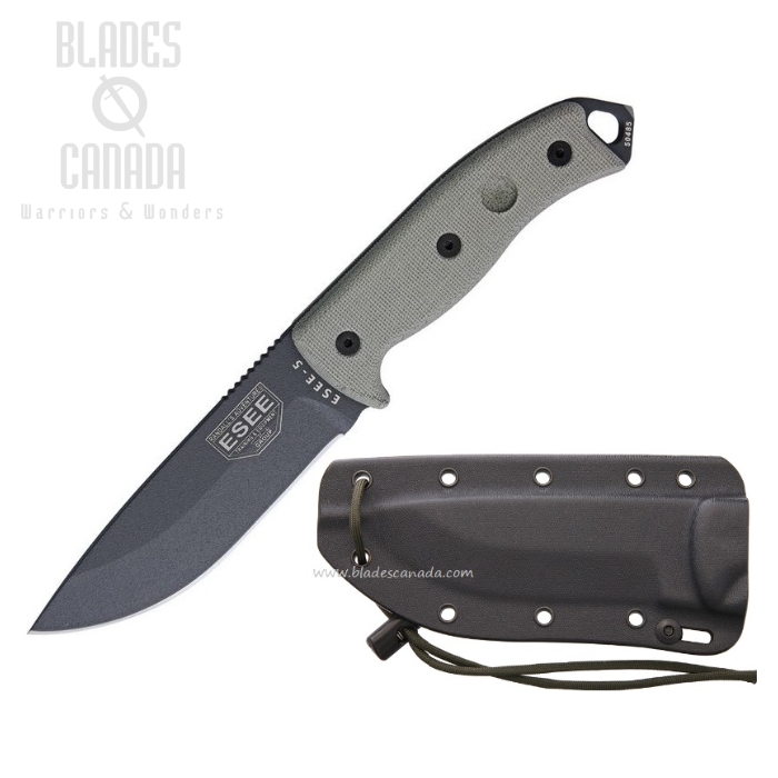 (image for) ESEE 5PTG Tactical Fixed Blade Knife, 1095 Carbon, Canvas Micarta, Kydex Sheath, 5PTG