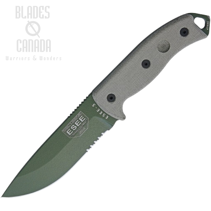 (image for) ESEE 5S-OD Fixed Blade Knife, 1095 Carbon OD Green, Canvas Micarta, Kydex Sheath, 5S-OD