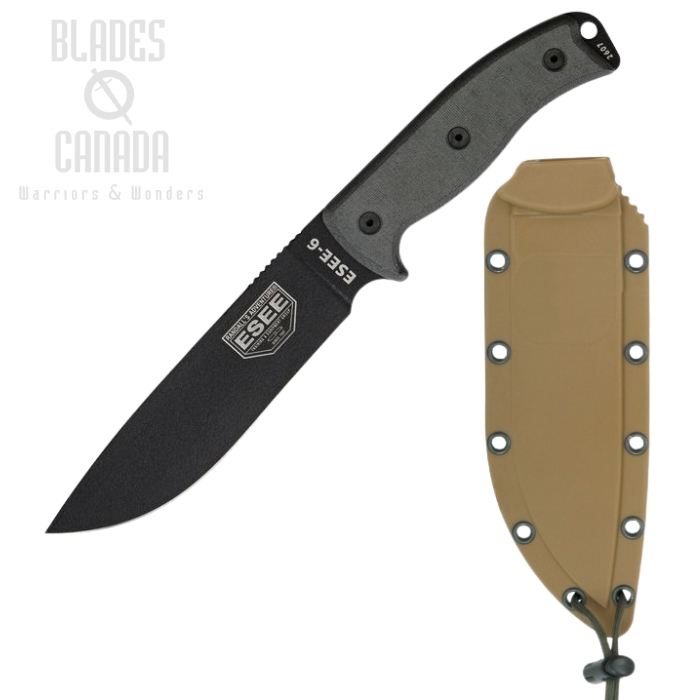 (image for) ESEE 6P Fixed Blade Knife, 1095 Carbon, Micarta Handle, Coyote Sheath, 6P