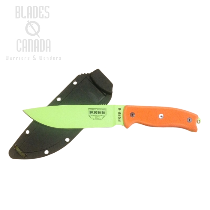 (image for) ESEE 6P-VG Fixed Blade Knife, 1095 Carbon Venom Green, G10 Orange, Black Sheath, 6P-VG