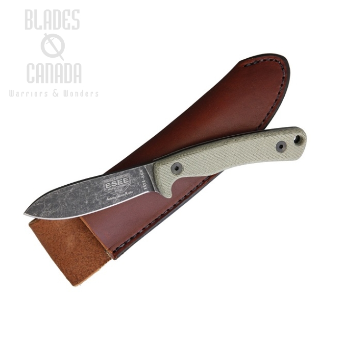 (image for) ESEE AGK Ashley Emerson Game Fixed Blade Knife, 1095 Carbon, Canvas Micarta, Leather Sheath, AGK