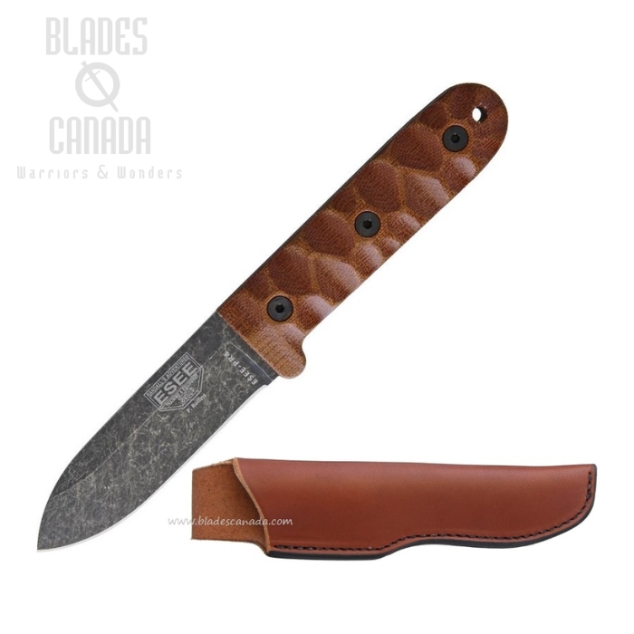 (image for) ESEE PR4-BO Camp Lore Fixed Blade Knife, 1095 Carbon, Sculptured Micarta, Leather Sheath, PR4-BO