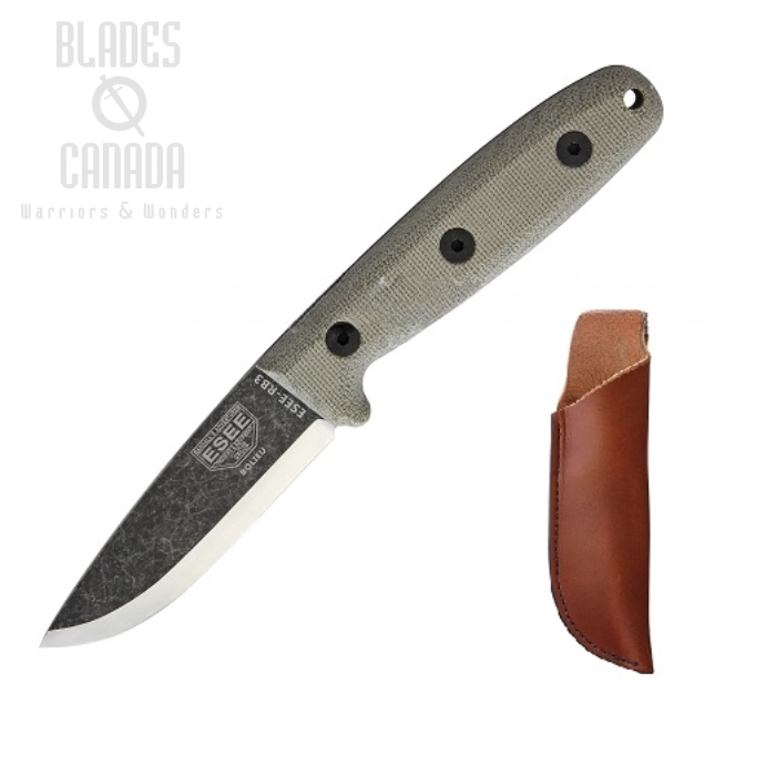 (image for) ESEE RB3-BO Camp-Lore Scandi Fixed Blade Knife, 1095 Carbon, Micarta, Leather Sheath, RB3-BO