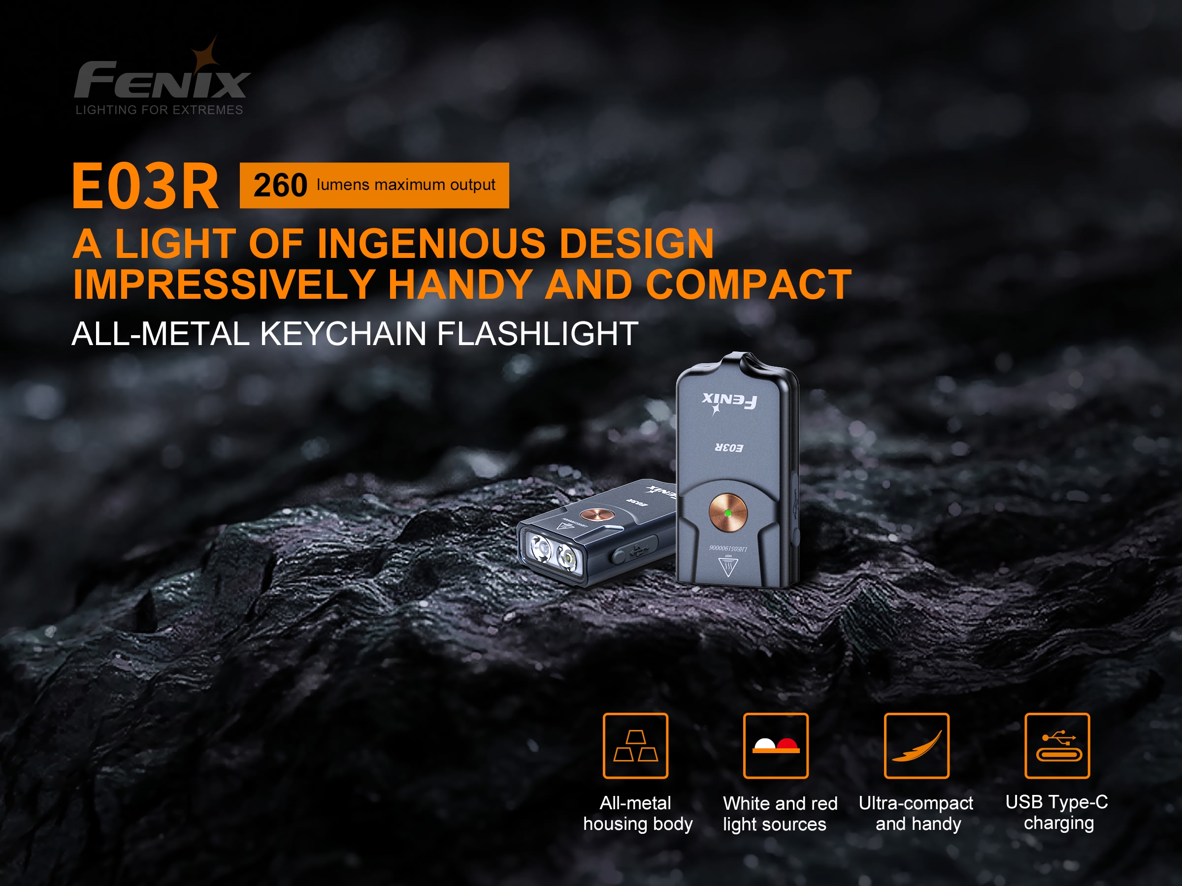 Fenix E03R Rechargeable Keychain Flashlight - 260 Lumens - Click Image to Close