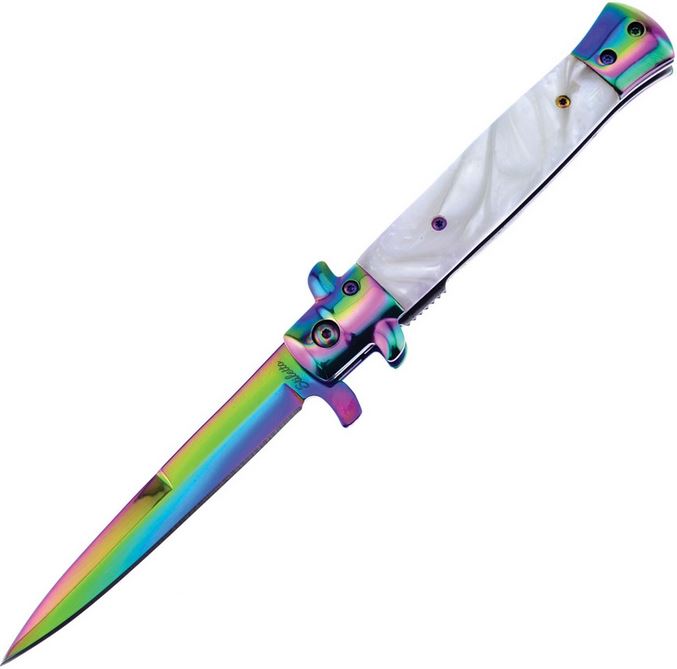 Frost Cutlery Italian Stiletto Milano ISM-001CIRB Rainbow White- Assisted Opening - Click Image to Close