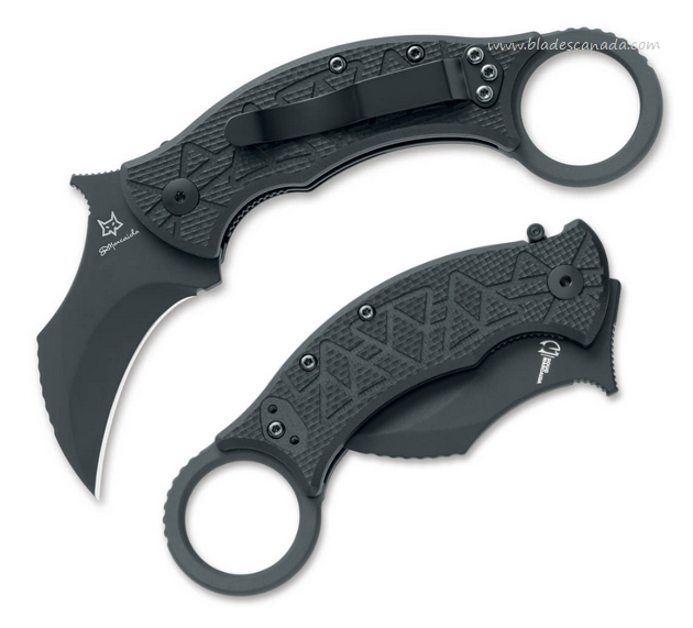 Fox Italy Tribal K Flipper Folding Karambit Knife, N690 Black, G10 Black, FX-802