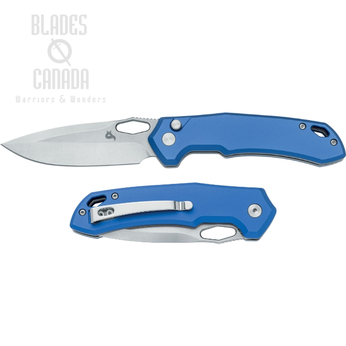 Black Fox Atros Button Lock Folding Knife, VG10 Stonewash, Aluminum Blue, BF-770 BL