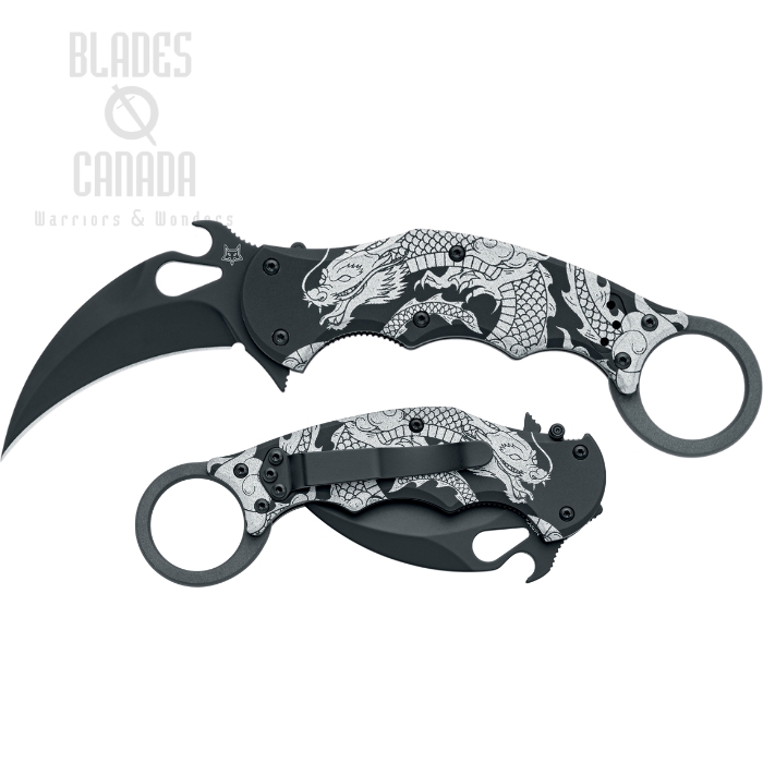 Fox Italy Karambit The Spirit Flipper Folding Knife, N690 Black, Aluminium Black w/Dragon Design, FX-599 ALB-1