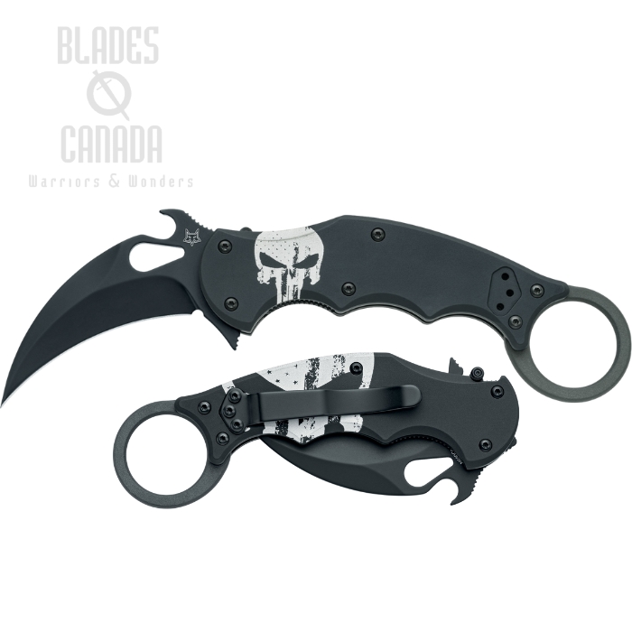 Fox Italy Karambit Skull Flipper Folding Knife, N690 Black, Aluminium Black w/Skull Design, FX-599 ALB-4