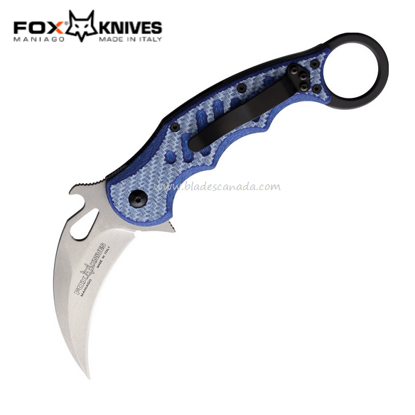 Fox Italy Karambit Flipper Folding Knife, N690 SW, G10 Blue/Carbon Fiber, 479BLTSW