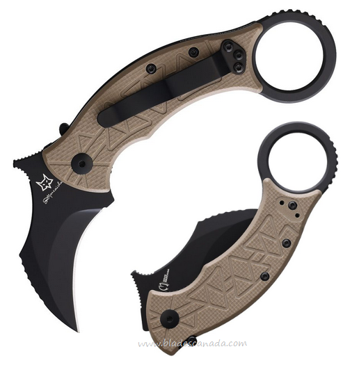 Fox Tribal K Folding Karambit Knife, N690 Black, G10 Coyote Tan, 802CT