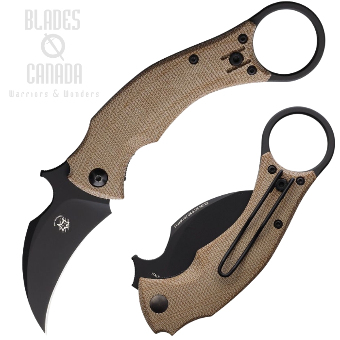 Fox Italy BlackBird Karambit Folding Knife, N690 Black, Micarta Tan, Bastinelli Design, FX-591 MN
