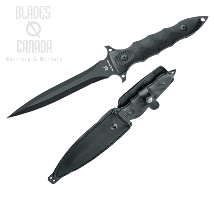 (image for) Fox Italy Modras Dagger Fixed Blade Knife, N690Co, G10 Black, Leather Sheath, FX-507