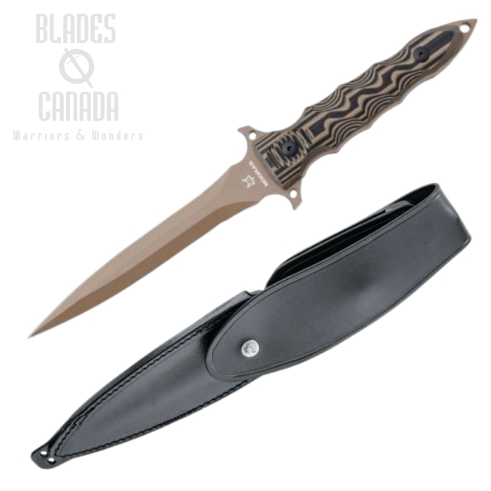 (image for) Fox Italy FKMD Modras Dagger Fixed Blade Knife, N690, G10 Tan, Leather Sheath, FX-508 AF