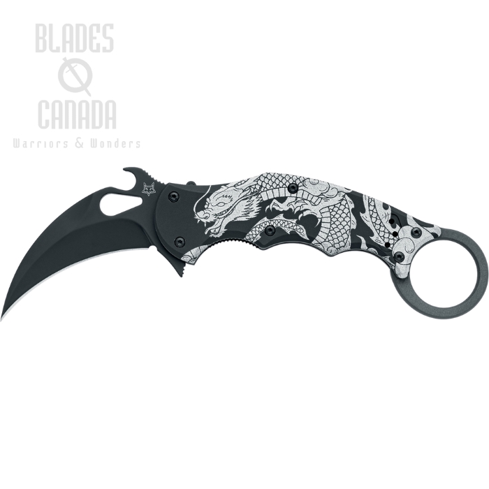 Fox Italy Karambit The Spirit Flipper Folding Knife, N690 Black, Aluminium Black w/Dragon Design, FX-599 ALB-1