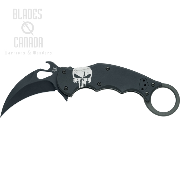 Fox Italy Karambit Skull Flipper Folding Knife, N690 Black, Aluminium Black w/Skull Design, FX-599 ALB-4