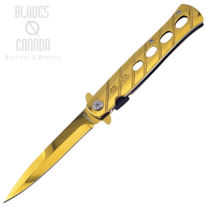 Frost Milano Stiletto Flpper Folding Knife, Assisted Opening, Stainless Gold, FIS005GD