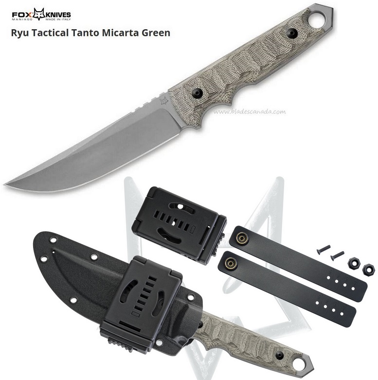 Fox Italy Ryu Fixed Blade Knife, Niolox Steel Tanto, Micarta Green, Kydex Sheath, FX-634 MOD