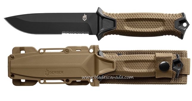 Gerber Strongarm Fixed Blade Knife, Stainless Black Serrated Blade, GFN Coyote Tan, G1059