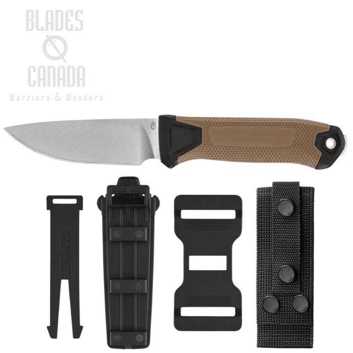 (image for) Gerber Strongarm Camp Fixed Blade Knife, Magnacut Stonewash, GFN Black/Tan, Black Sheath, G1075371