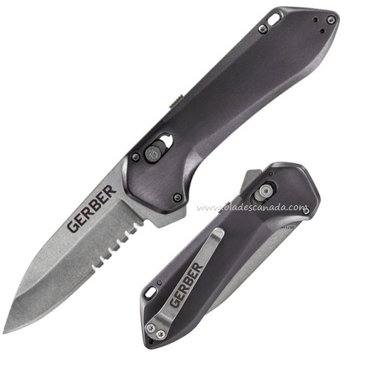 Gerber Highbrow Compact Folding Knife, Assisted Opening, Serrated, Aluminum Grey, G3509
