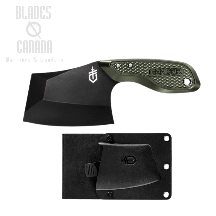(image for) Gerber Tri-Tip Mini Cleaver Fixed Blade Knife, Aluminum Green, Multi-Mount Sheath, G3728