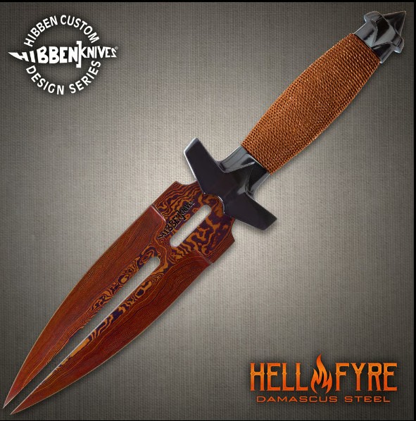 Gil Hibben HellFyre Double Shadow Knife, Damascus Steel, Leather Sheath, GH0453RD